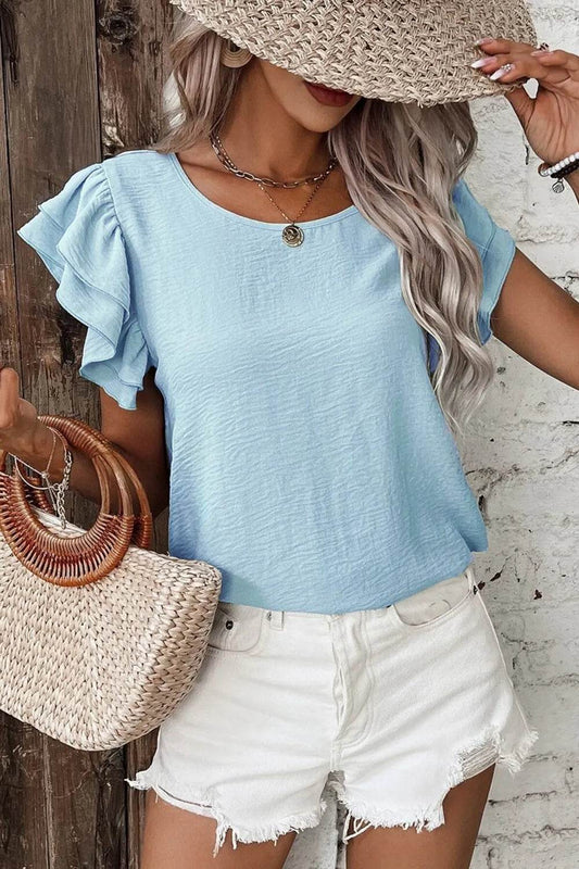 Solid Color Ruffled Short Sleeve Casual Blouse - MARIGOLD 
