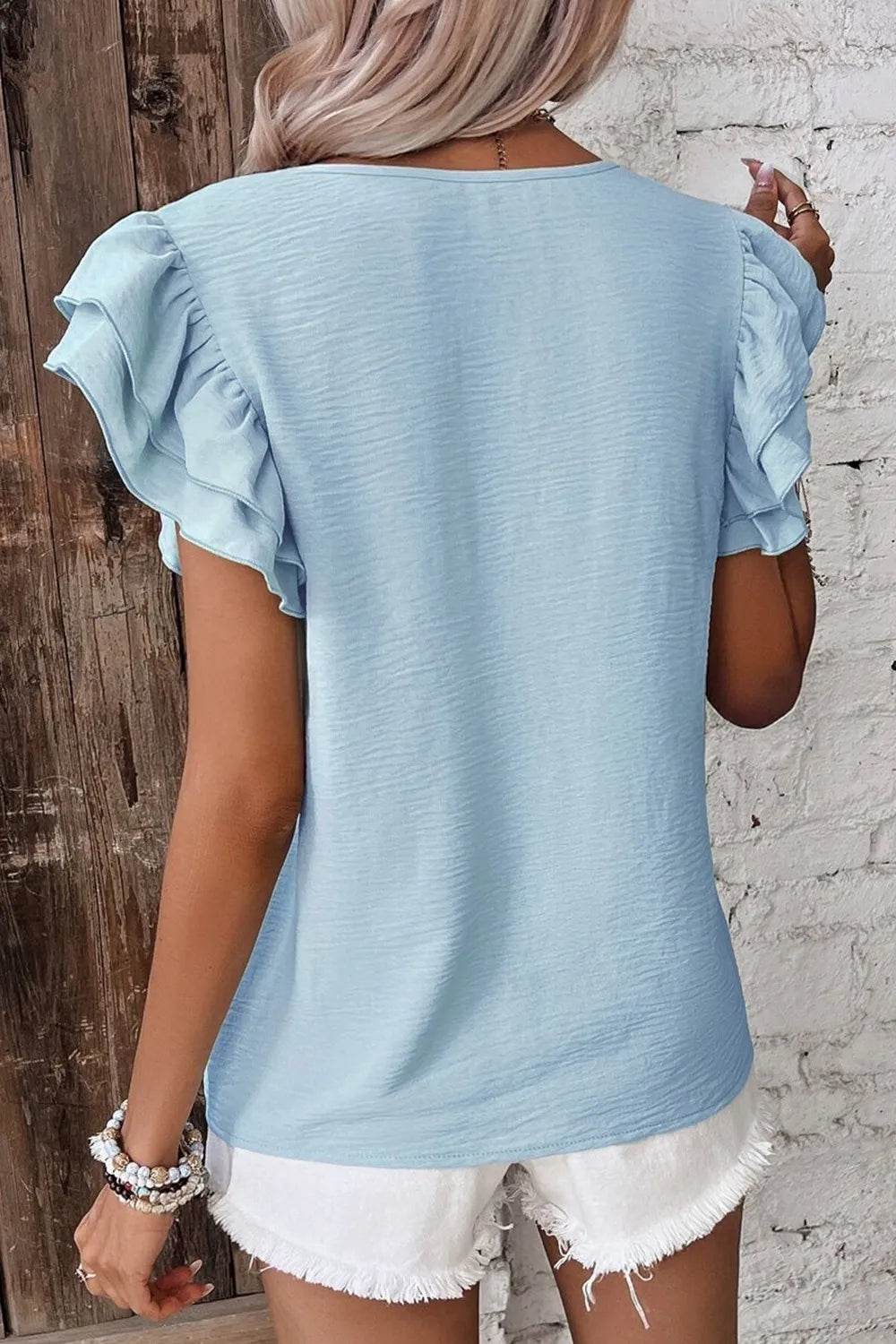 Solid Color Ruffled Short Sleeve Casual Blouse - MARIGOLD 