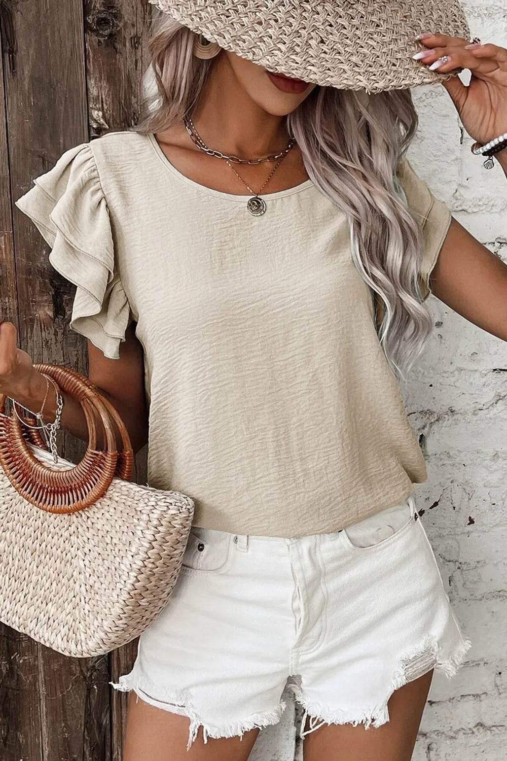 Solid Color Ruffled Short Sleeve Casual Blouse - MARIGOLD 