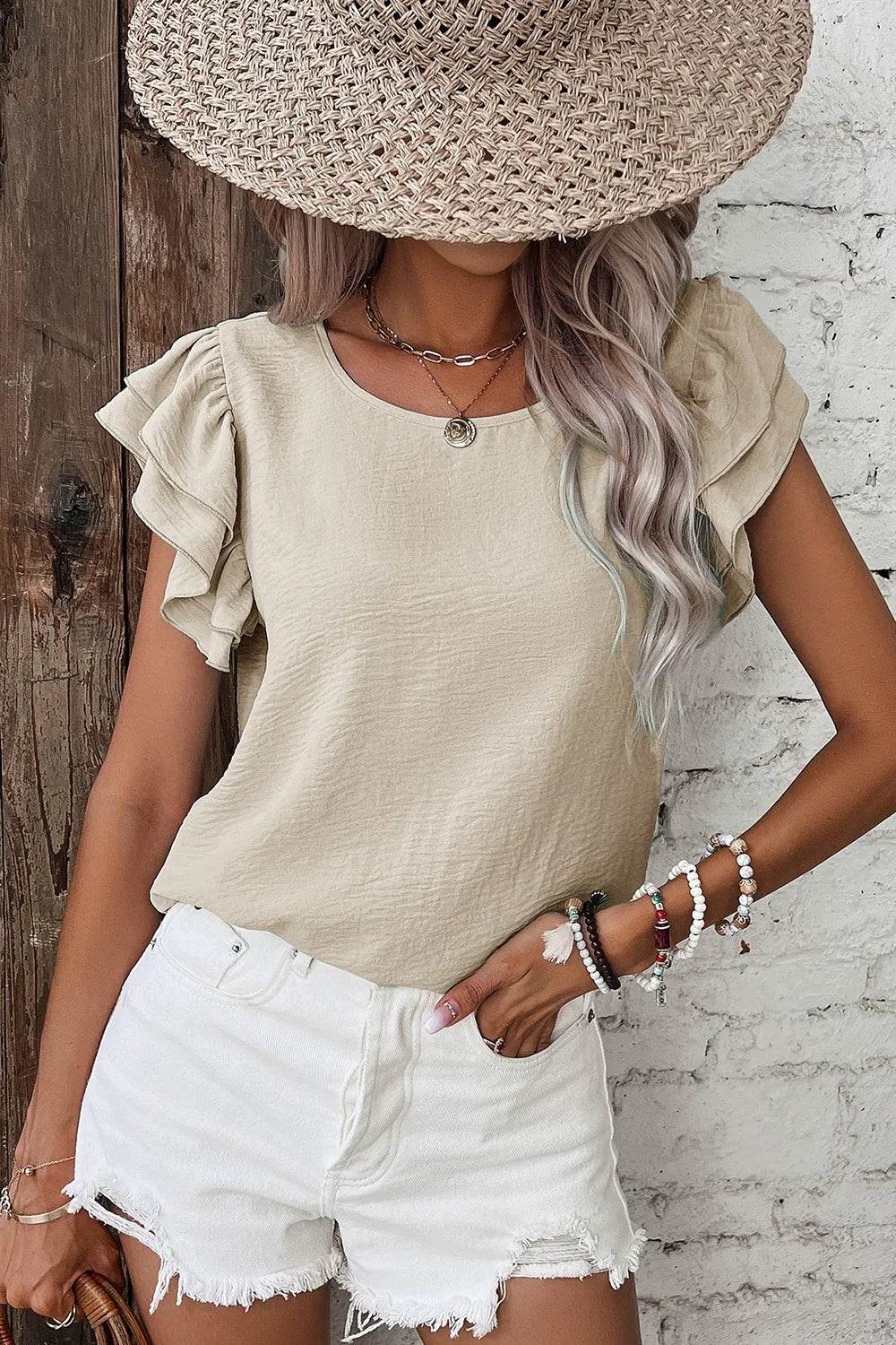 Solid Color Ruffled Short Sleeve Casual Blouse - MARIGOLD 