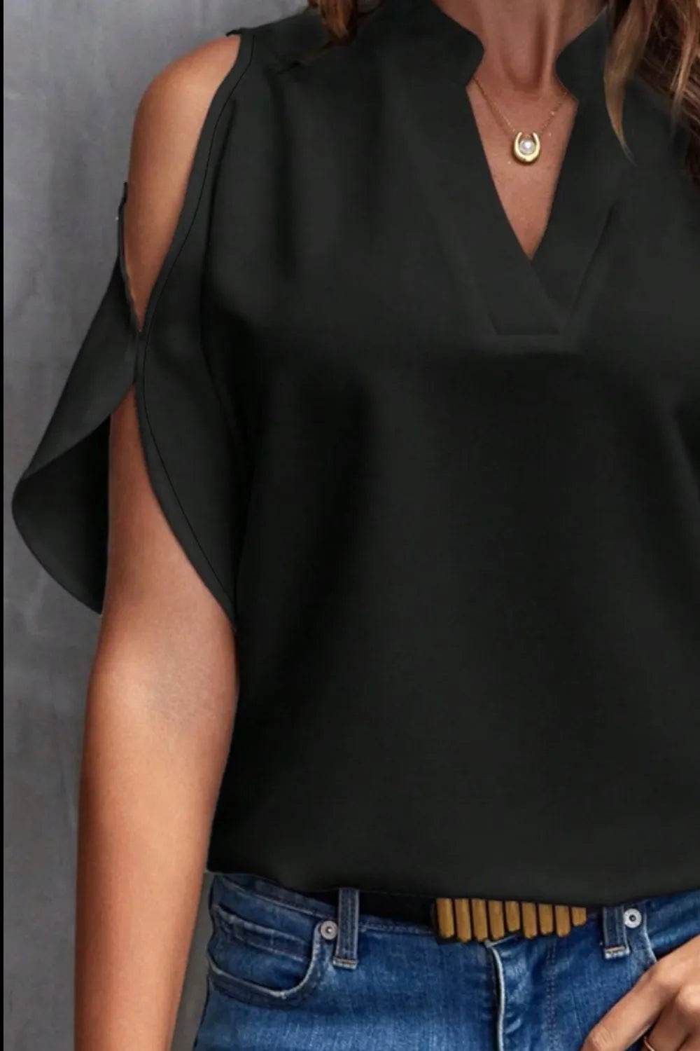 Notch Neck Cold Shoulder Top - MARIGOLD 