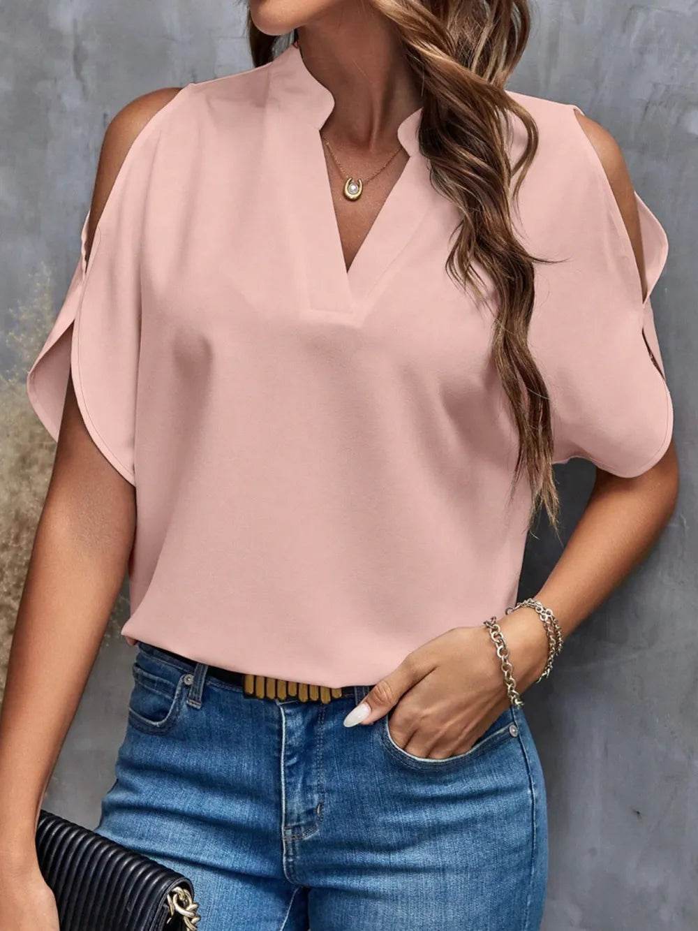 Notch Neck Cold Shoulder Top - MARIGOLD 