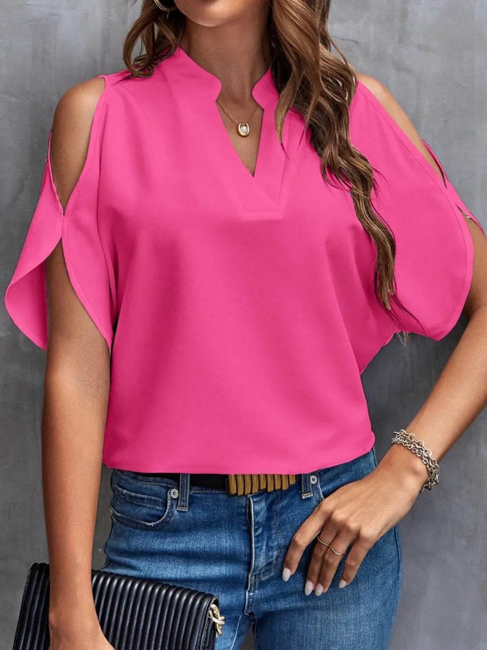 Notch Neck Cold Shoulder Top - MARIGOLD 