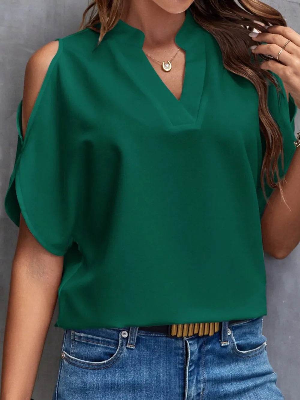 Notch Neck Cold Shoulder Top - MARIGOLD 