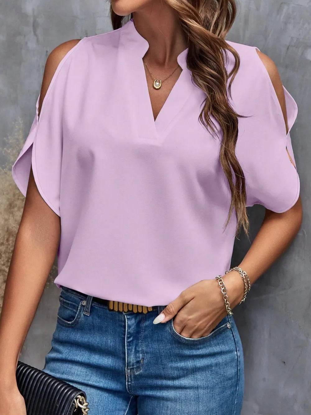 Notch Neck Cold Shoulder Top - MARIGOLD 