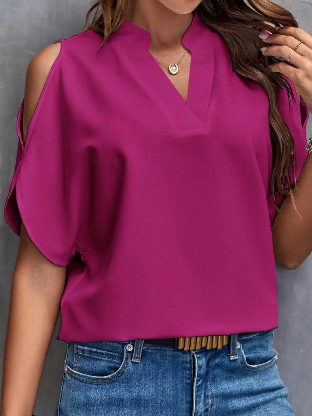 Notch Neck Cold Shoulder Top - MARIGOLD 