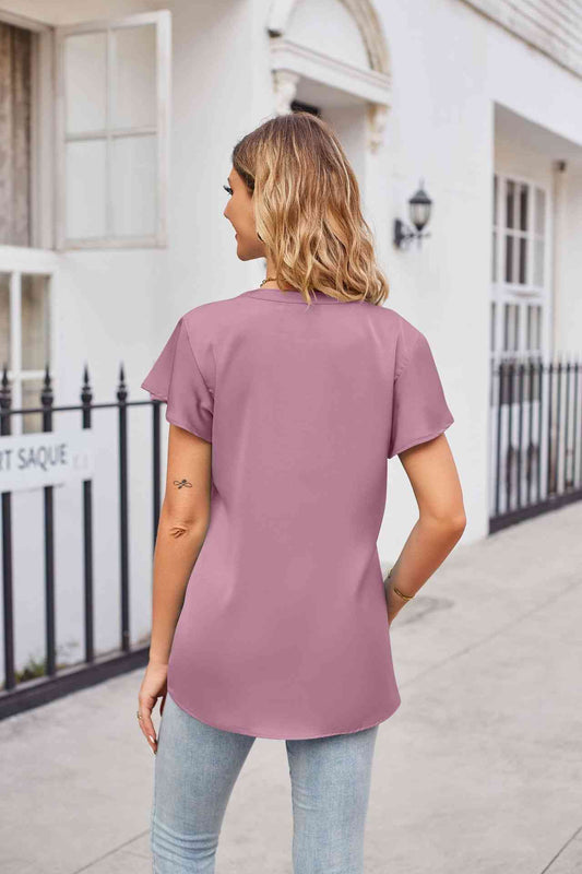 Notched Neck Flutter Sleeve Satin Top - MARIGOLD 