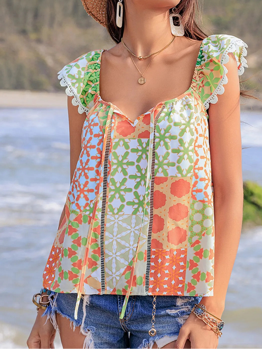 orange and green Abstract Print Blouse