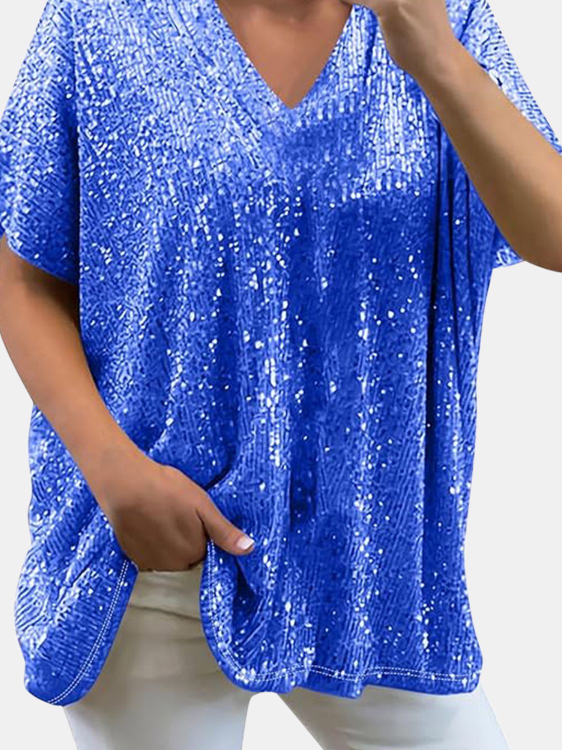 Full Size Sequin V-Neck Short Sleeve Top - MARIGOLD 