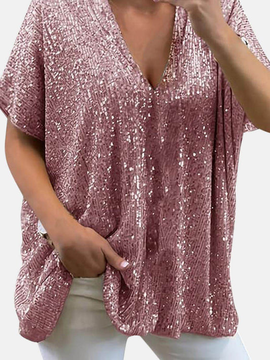 Dazzling Sequin V-Neck Short Sleeve Top - MARIGOLD 
