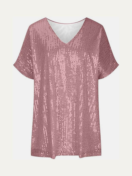 Dazzling Sequin V-Neck Short Sleeve Top - MARIGOLD 