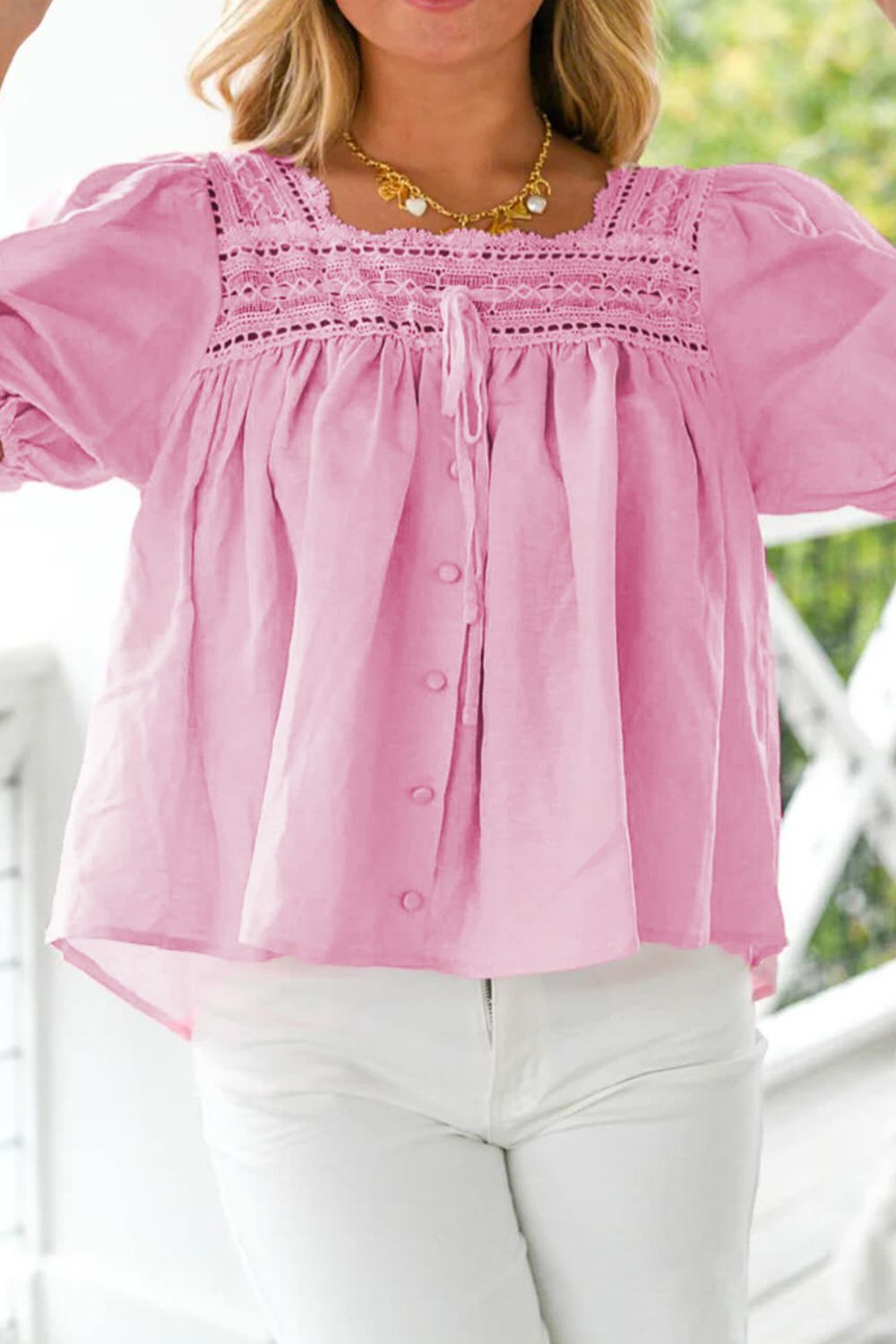 Pink Lace Trim Puff Sleeve Square Neck Blouse - MARIGOLD 