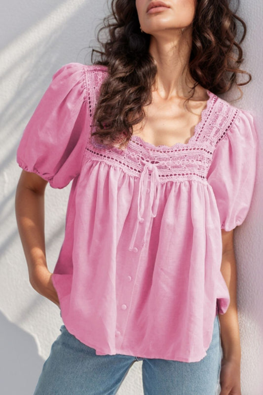 Pink Lace Trim Puff Sleeve Square Neck Blouse - MARIGOLD 