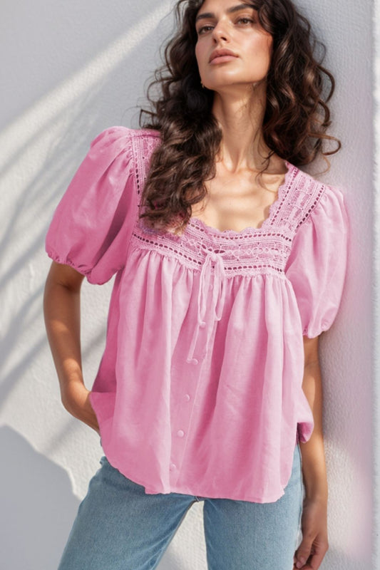 Pink Lace Trim Puff Sleeve Square Neck Blouse - MARIGOLD 