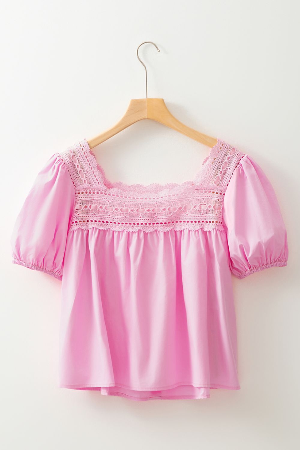Pink Lace Trim Puff Sleeve Square Neck Blouse - MARIGOLD 