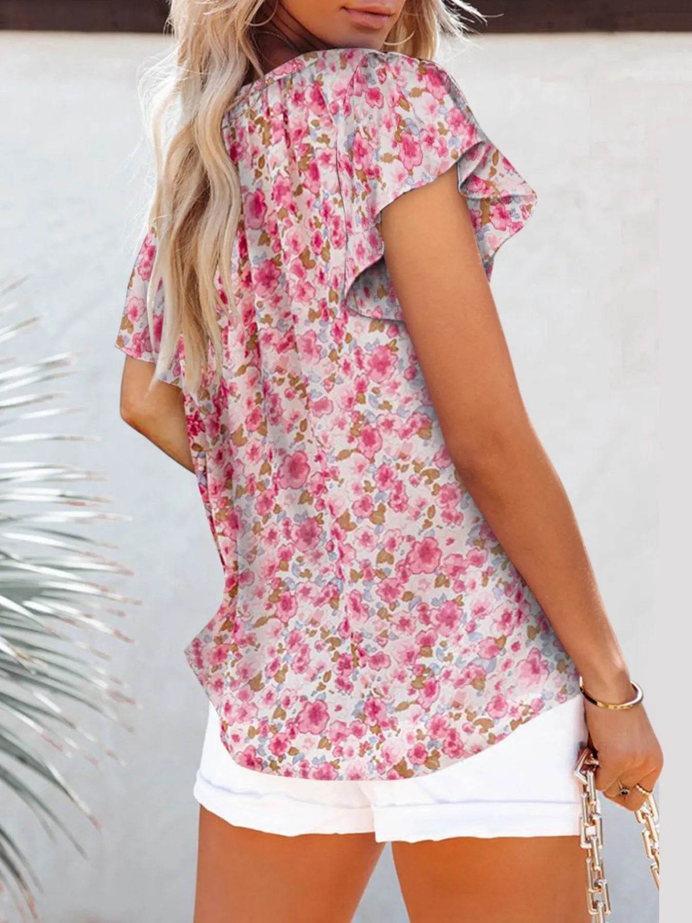 Flutter Sleeve Floral V-Neck Blouse Plus Size - MARIGOLD 
