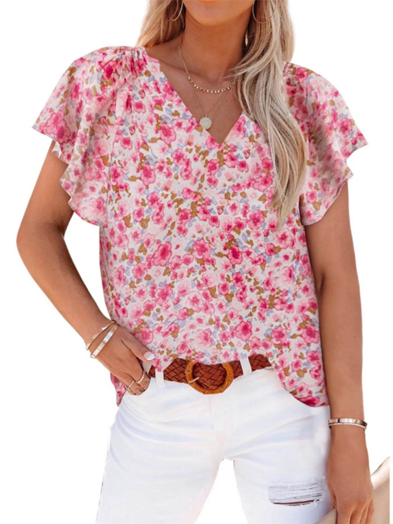 Flutter Sleeve Floral V-Neck Blouse Plus Size - MARIGOLD 