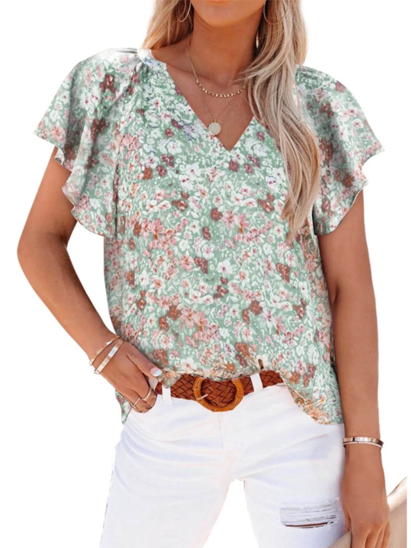 Flutter Sleeve Floral V-Neck Blouse Plus Size - MARIGOLD 