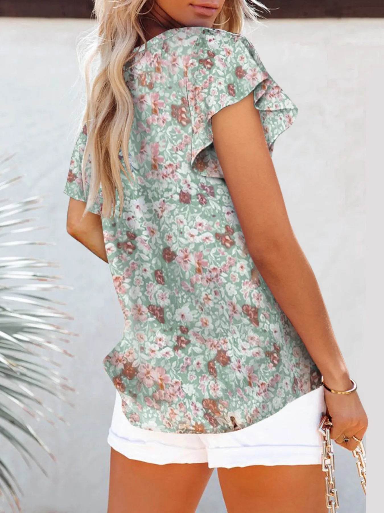 Flutter Sleeve Floral V-Neck Blouse Plus Size - MARIGOLD 