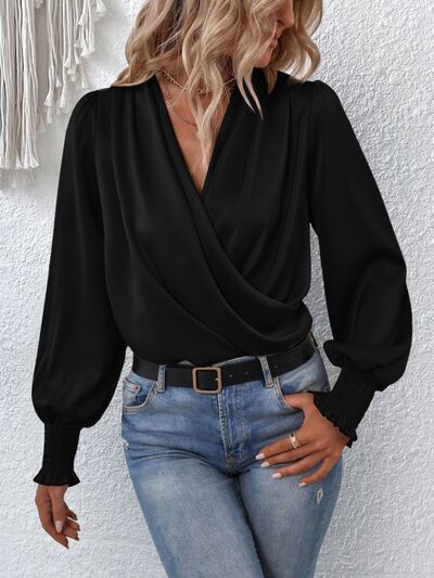 Surplice Smocked Lantern Sleeve Blouse - MARIGOLD 