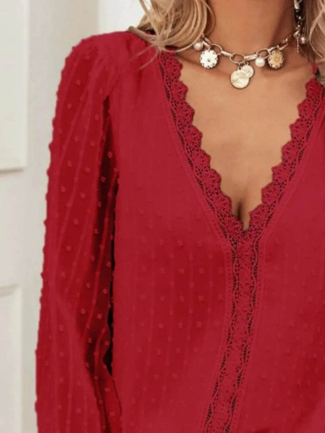 Swiss Dot Lace Detail V-Neck Long Sleeve Blouse - MARIGOLD 