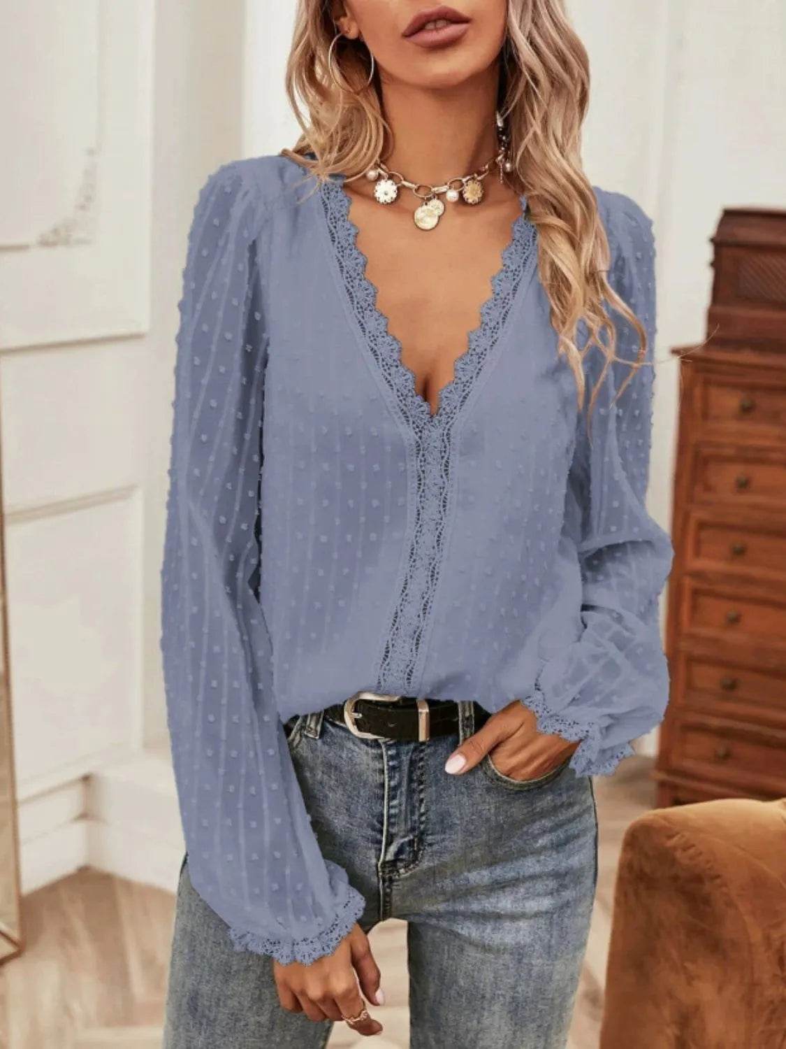 Swiss Dot Lace Detail V-Neck Long Sleeve Blouse - MARIGOLD 