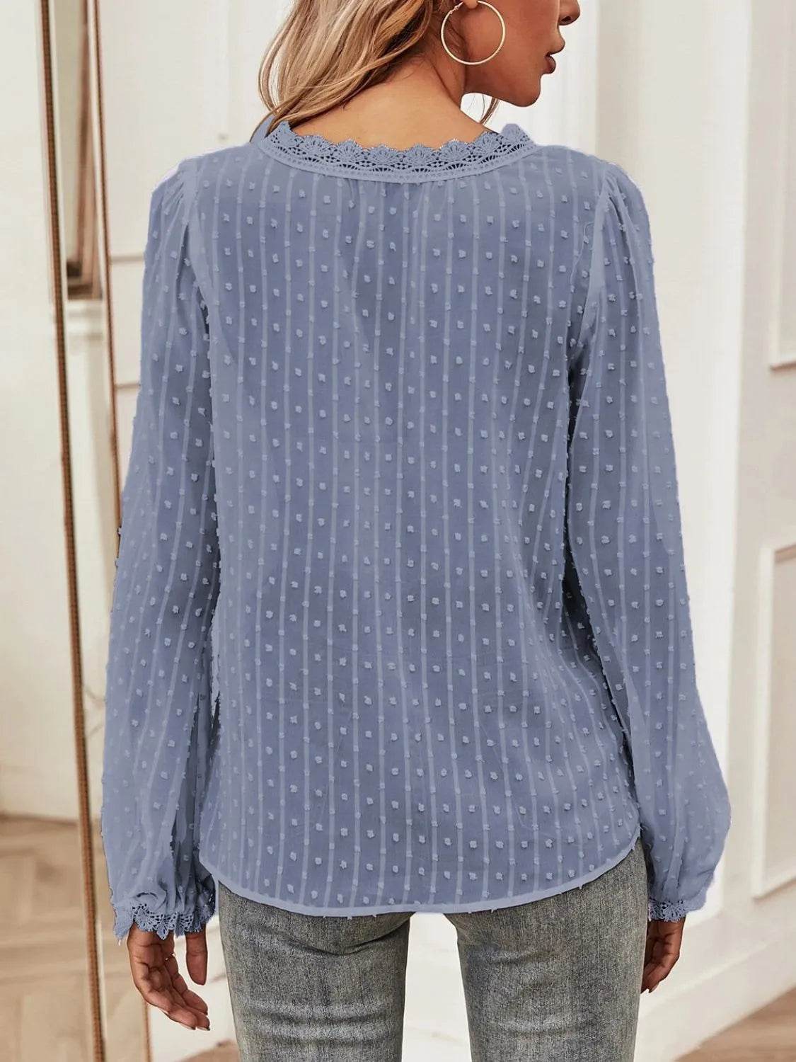 Swiss Dot Lace Detail V-Neck Long Sleeve Blouse - MARIGOLD 
