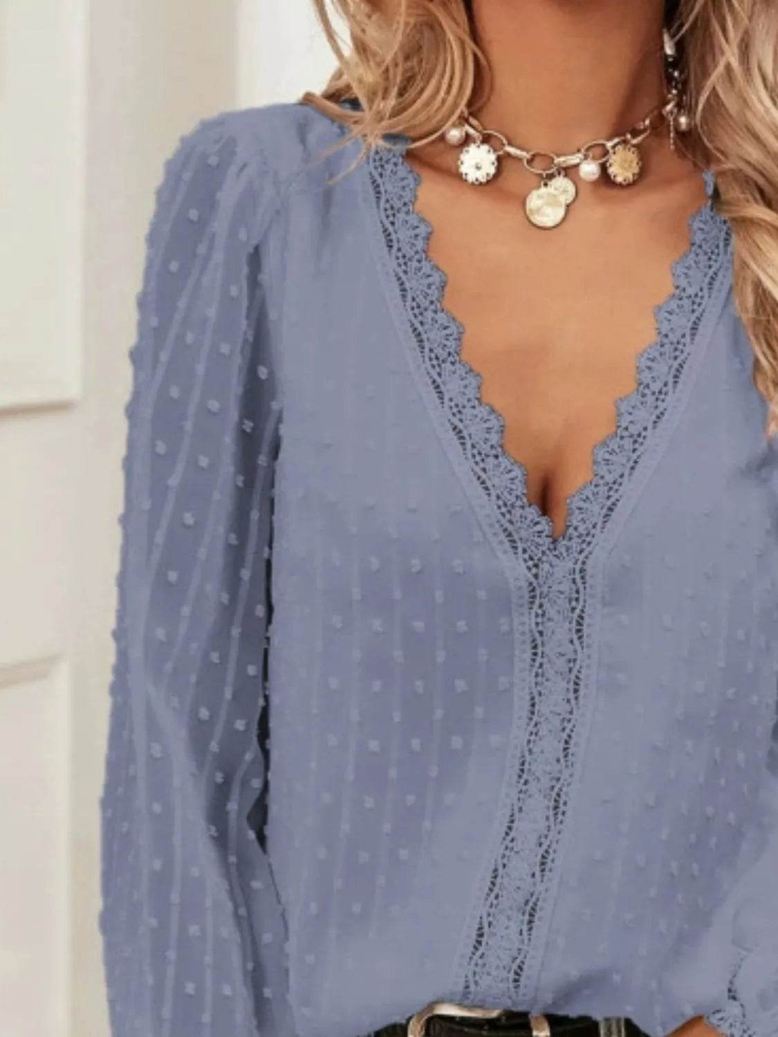 Swiss Dot Lace Detail V-Neck Long Sleeve Blouse - MARIGOLD 