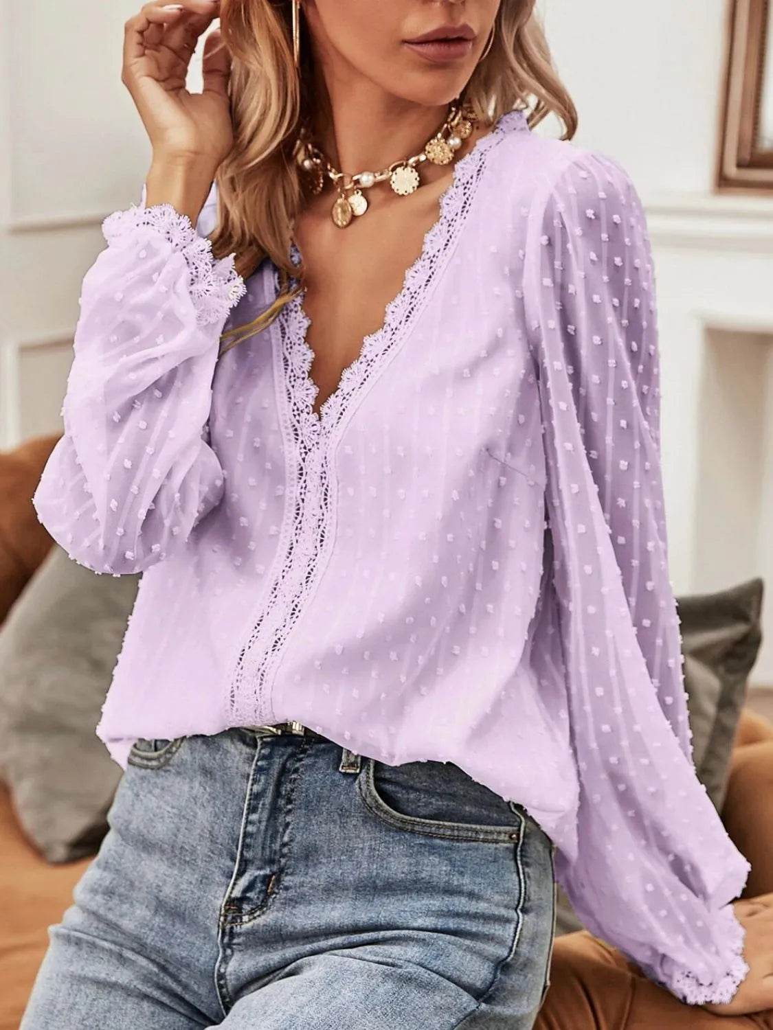 Swiss Dot Lace Detail V-Neck Long Sleeve Blouse - MARIGOLD 