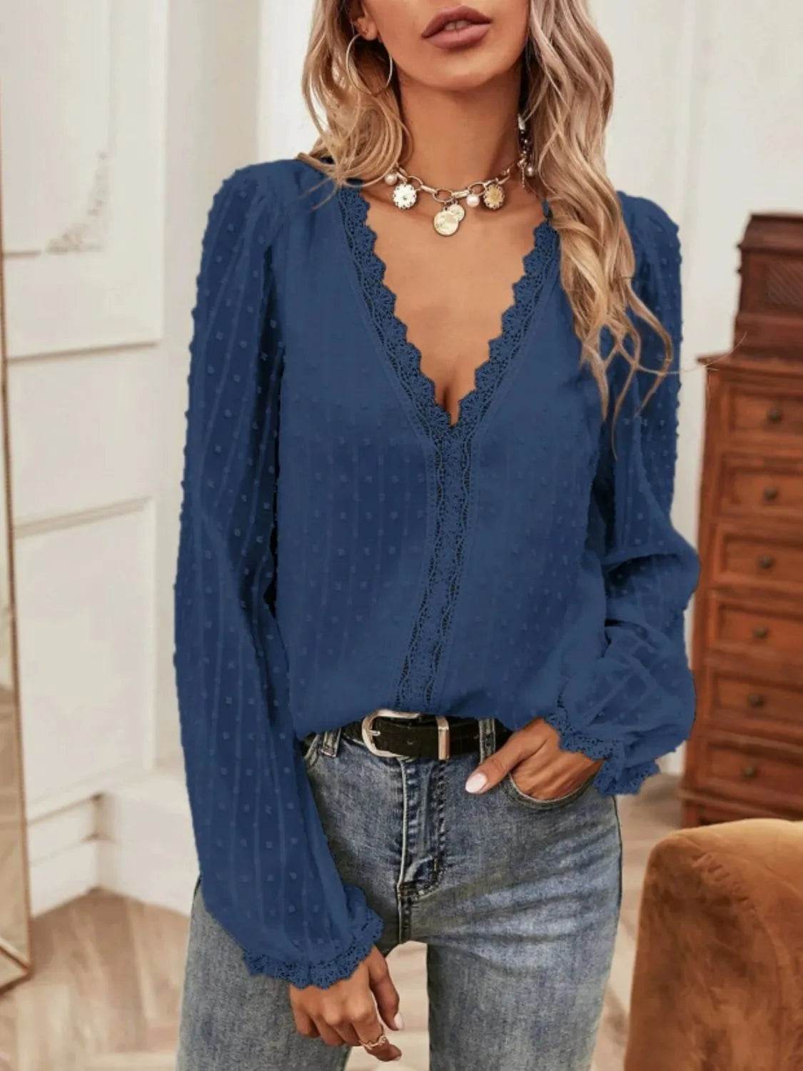 Swiss Dot Lace Detail V-Neck Long Sleeve Blouse - MARIGOLD 