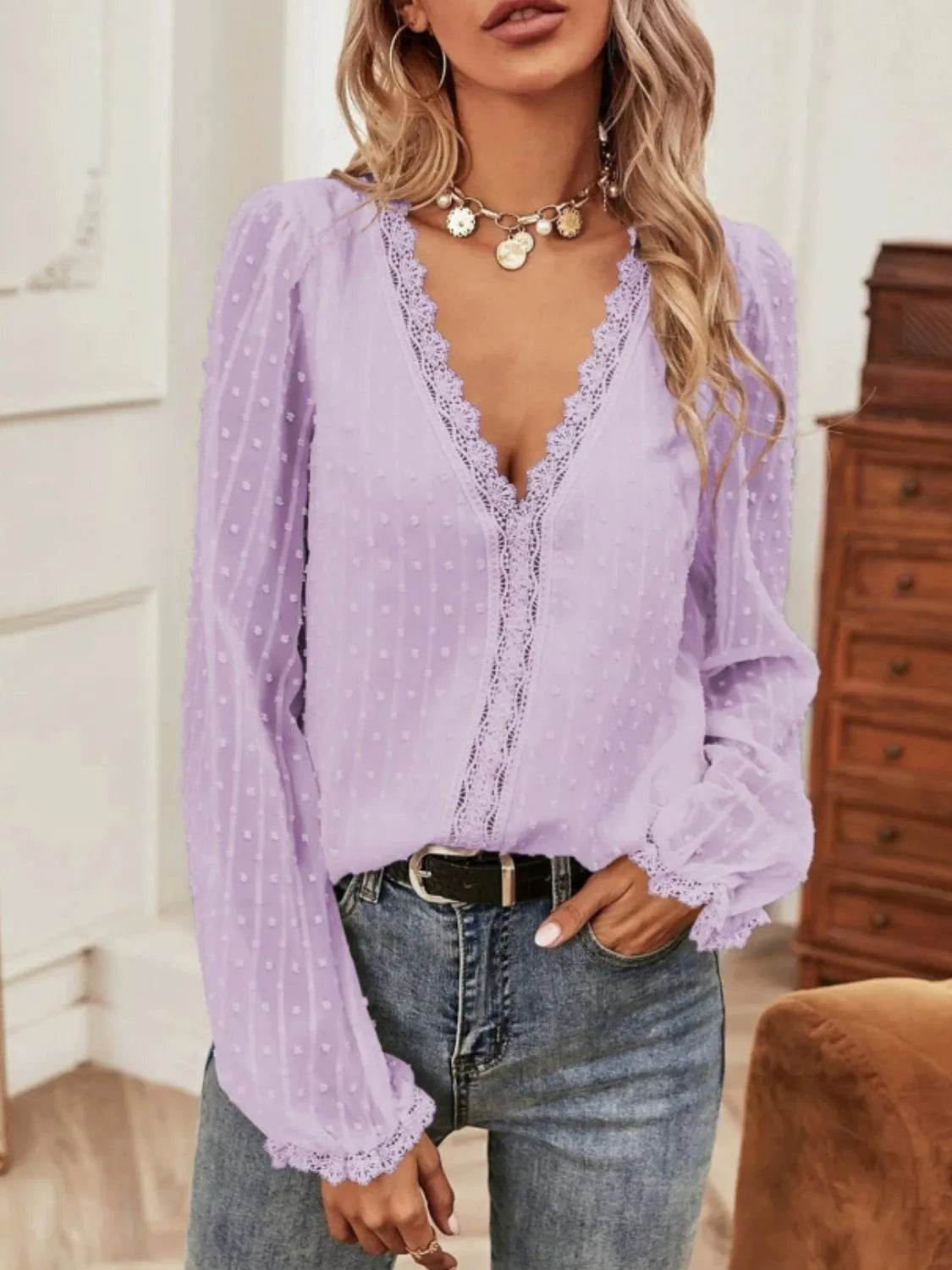 Swiss Dot Lace Detail V-Neck Long Sleeve Blouse - MARIGOLD 