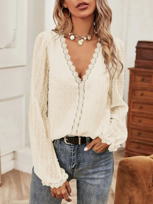 Swiss Dot Lace Detail V-Neck Long Sleeve Blouse - MARIGOLD 