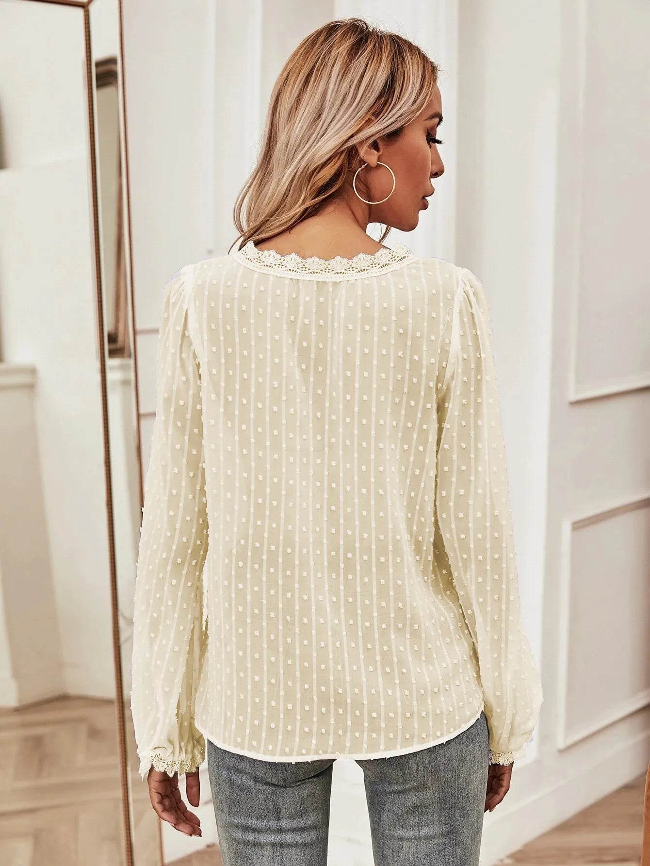 Swiss Dot Lace Detail V-Neck Long Sleeve Blouse - MARIGOLD 