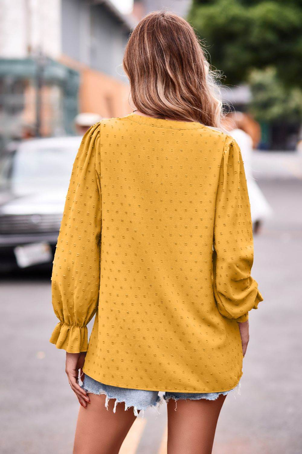 Swiss Dot Notched Neck Flounce Sleeve Blouse - MARIGOLD 