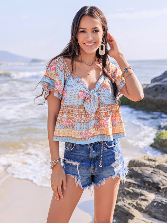 Floral Sweetheart Tie-Front Angel Sleeve Blouse - MARIGOLD 