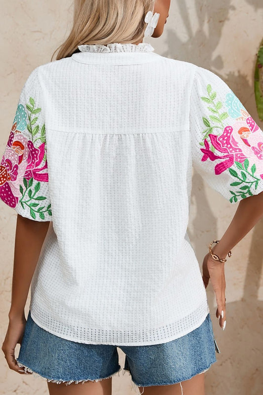 Floral-Embroidered Puff-Sleeve Notched Blouse - MARIGOLD 
