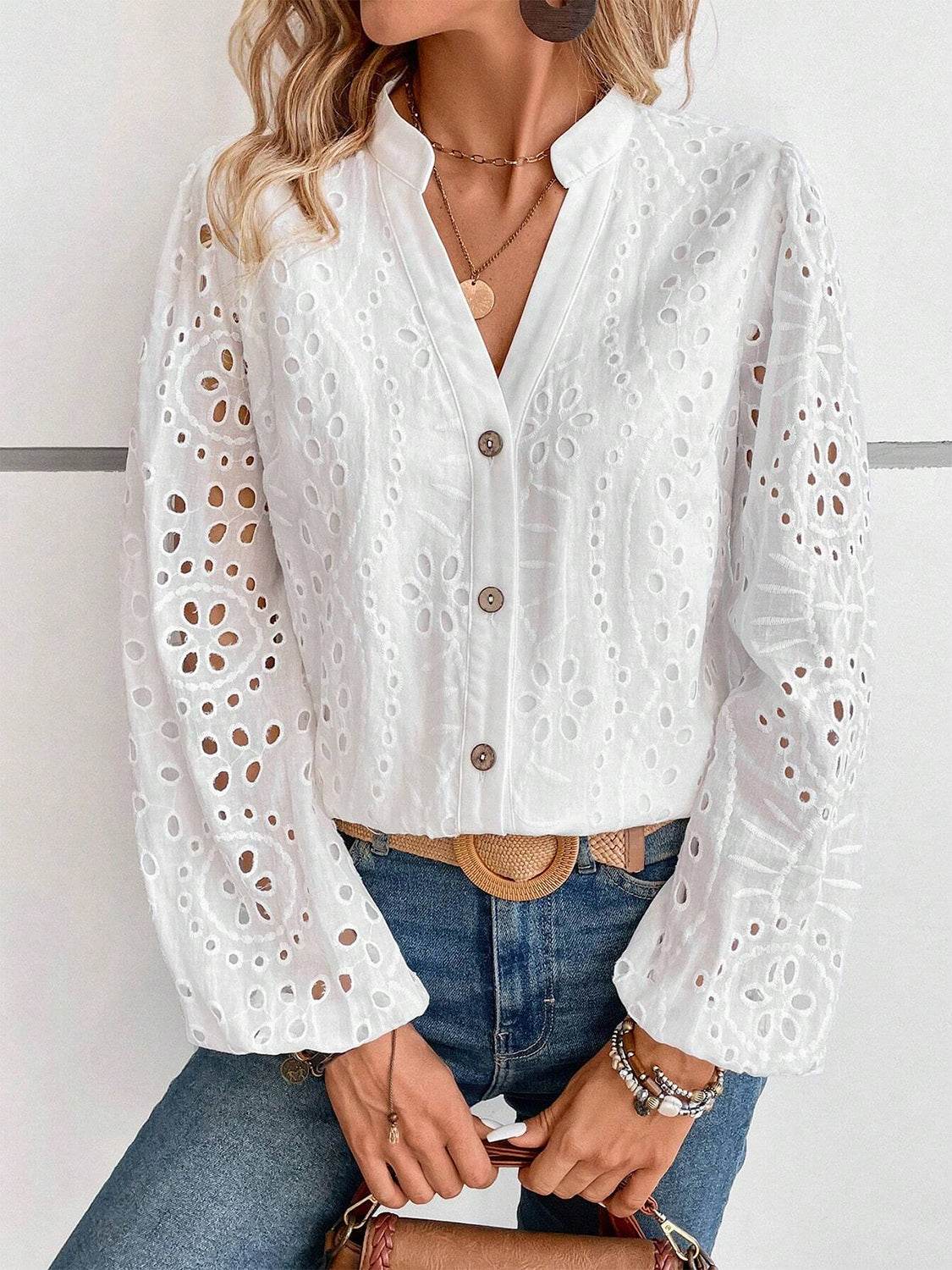 Cutout Notched Long Sleeve Blouse - MARIGOLD 