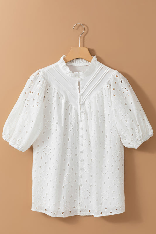 Eyelet Button Up Half Sleeve Blouse - MARIGOLD 