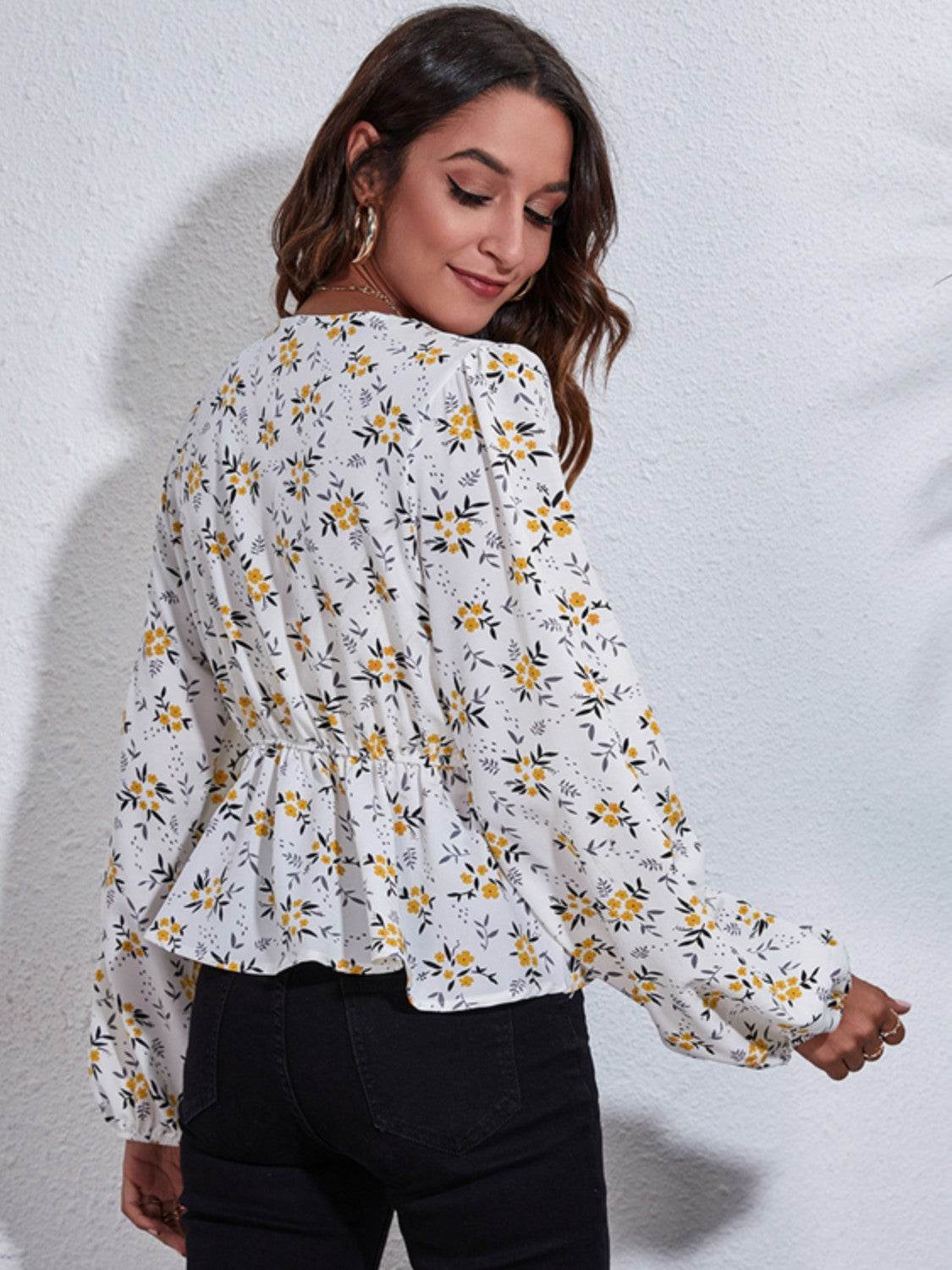 Floral V-Neck Balloon Sleeve Peplum Blouse - MARIGOLD 