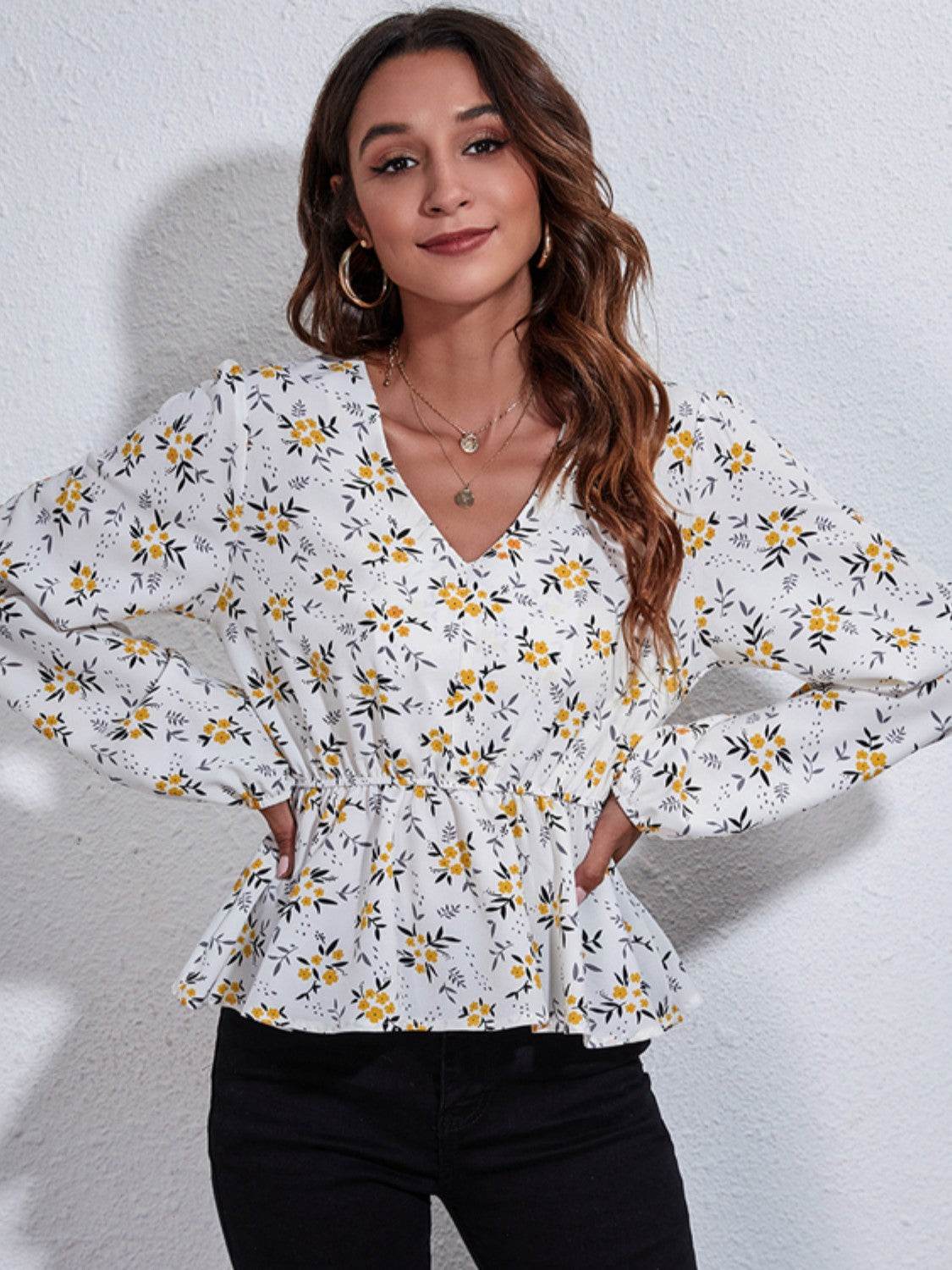 Floral V-Neck Balloon Sleeve Peplum Blouse - MARIGOLD 
