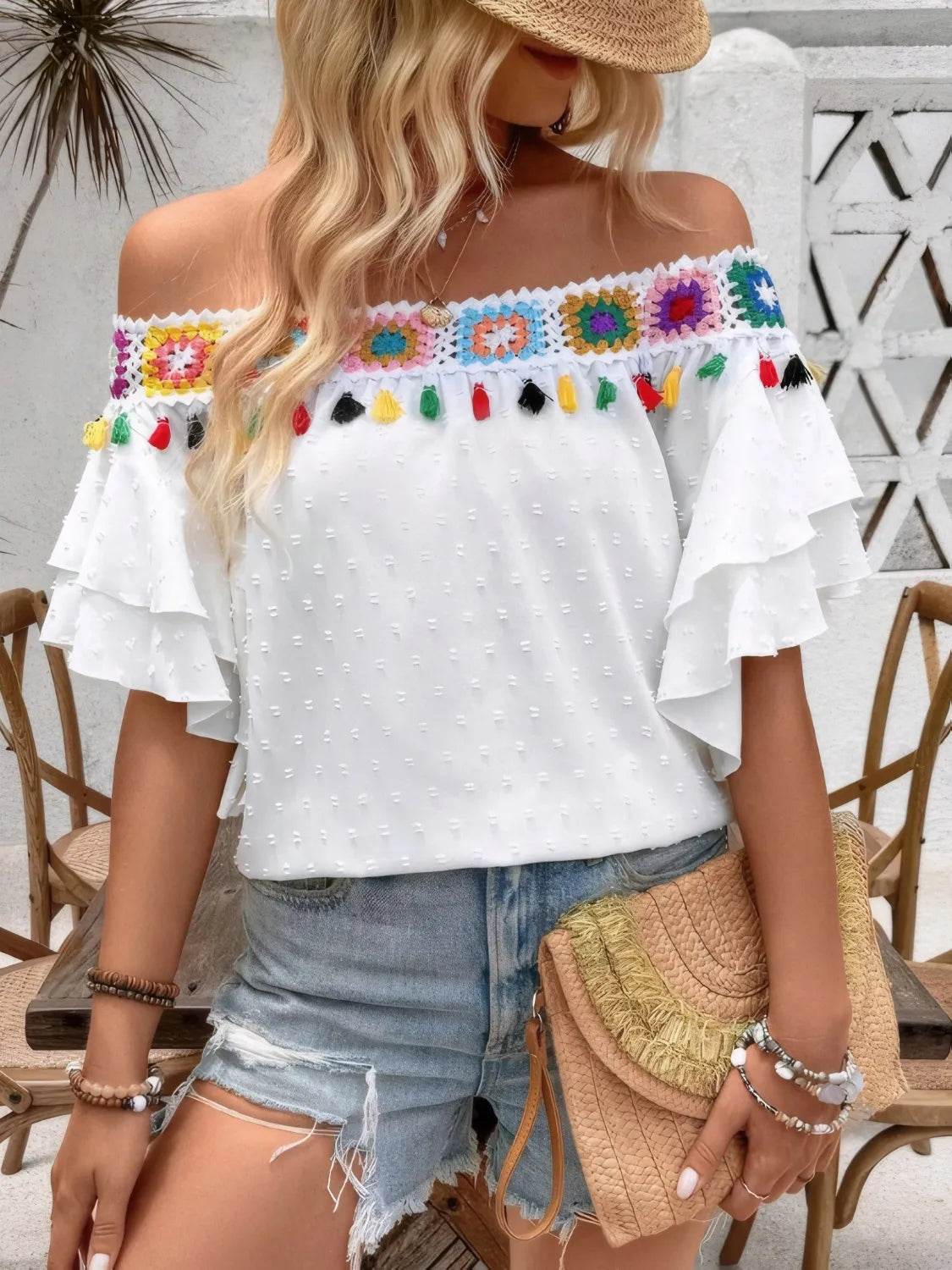 Swiss Dot Tassel Off-Shoulder Blouse - MARIGOLD 
