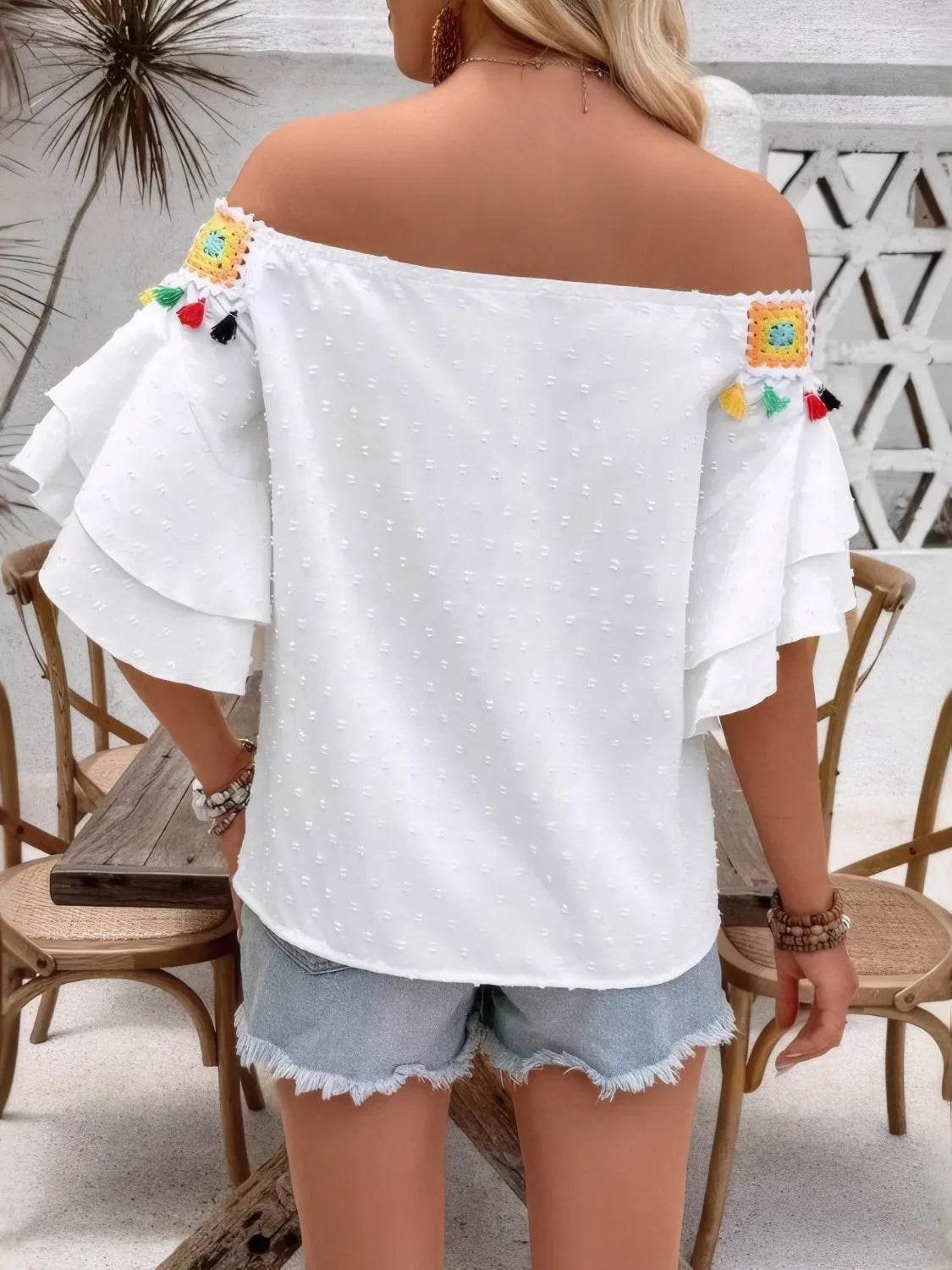 Swiss Dot Tassel Off-Shoulder Blouse - MARIGOLD 