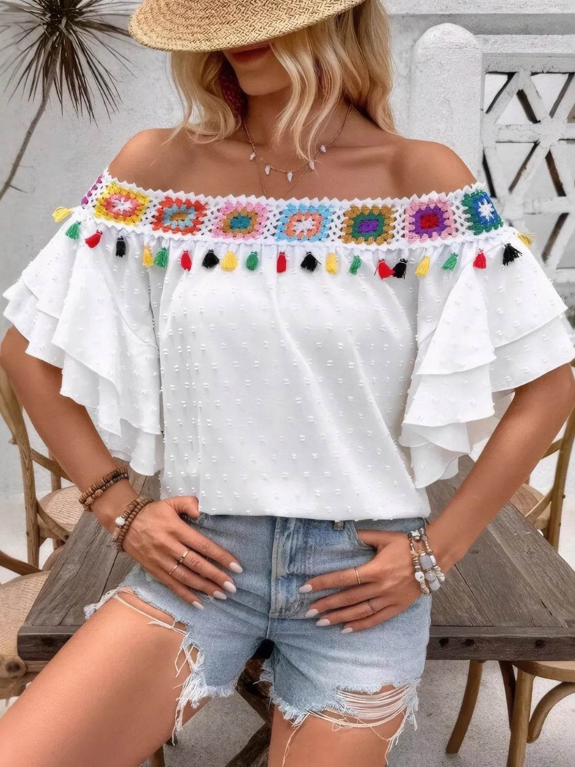 Swiss Dot Tassel Off-Shoulder Blouse - MARIGOLD 
