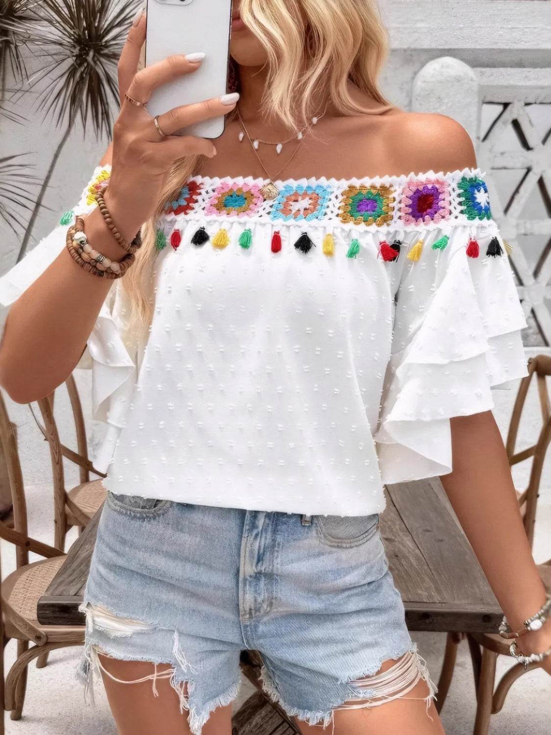 Swiss Dot Tassel Off-Shoulder Blouse - MARIGOLD 