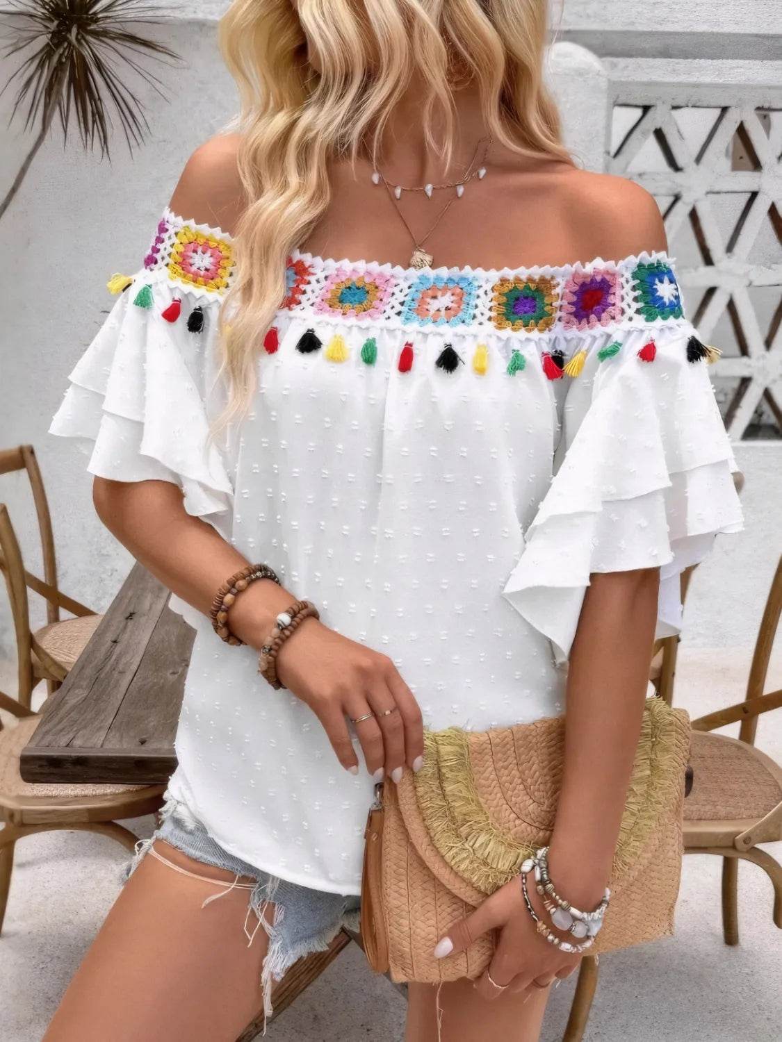 Swiss Dot Tassel Off-Shoulder Blouse - MARIGOLD 