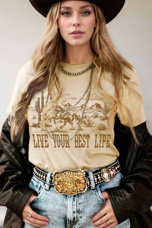 LIVE YOUR BEST LIFE Western Graphic Short Sleeve T-Shirt - MARIGOLD 