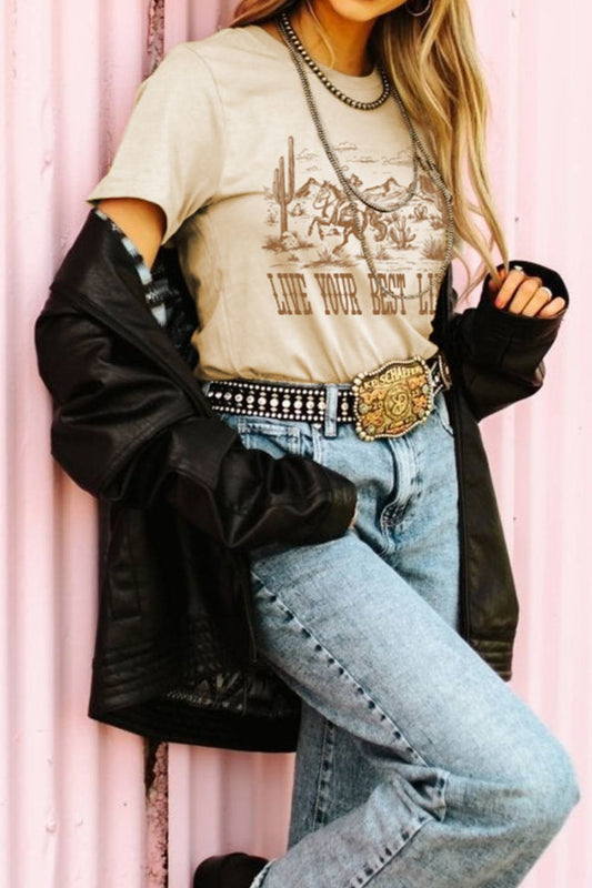 LIVE YOUR BEST LIFE Western Graphic Short Sleeve T-Shirt - MARIGOLD 