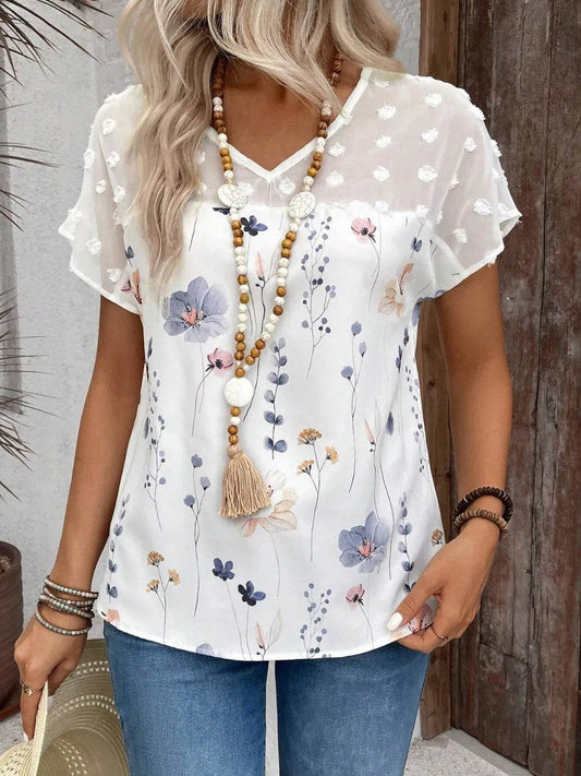 Floral Print Swiss Dot Sleeve Top - MARIGOLD 