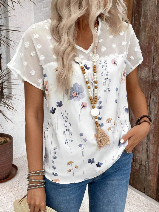 Floral Print Swiss Dot Sleeve Top - MARIGOLD 