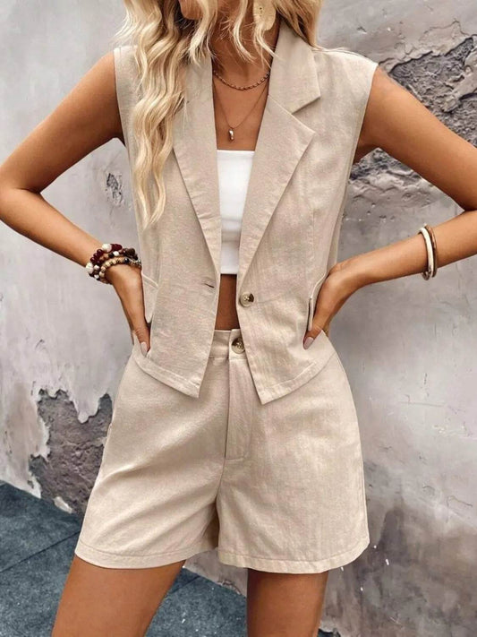 Lapel Vest and Shorts Set - MARIGOLD 